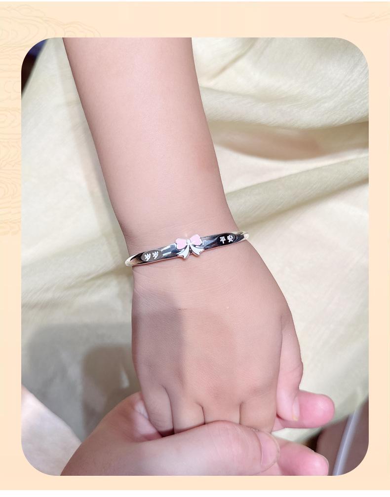 999 Sterling Silver Year-after-Year Peace Bracelet for Girls - Ages 4-15, Medium/Large, Pink Bowknot Design