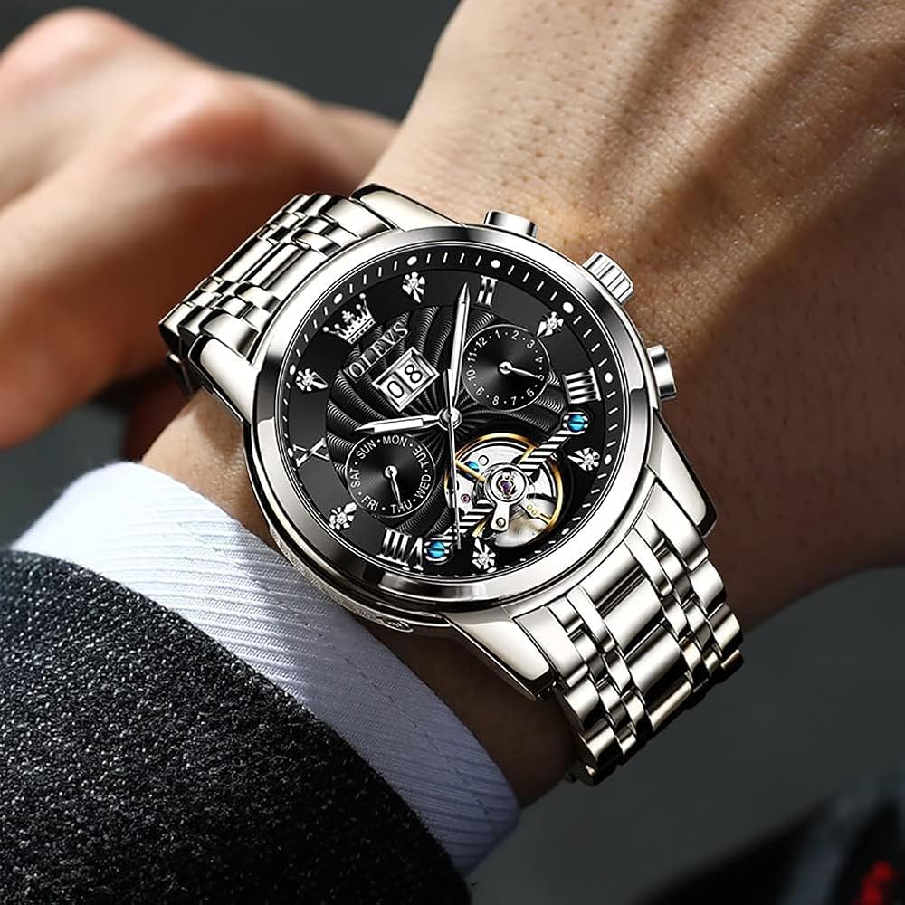 OLEVS Men's Automatic Watch Black Stylish Waterproof Calendar Display Business Fashion Timepiece