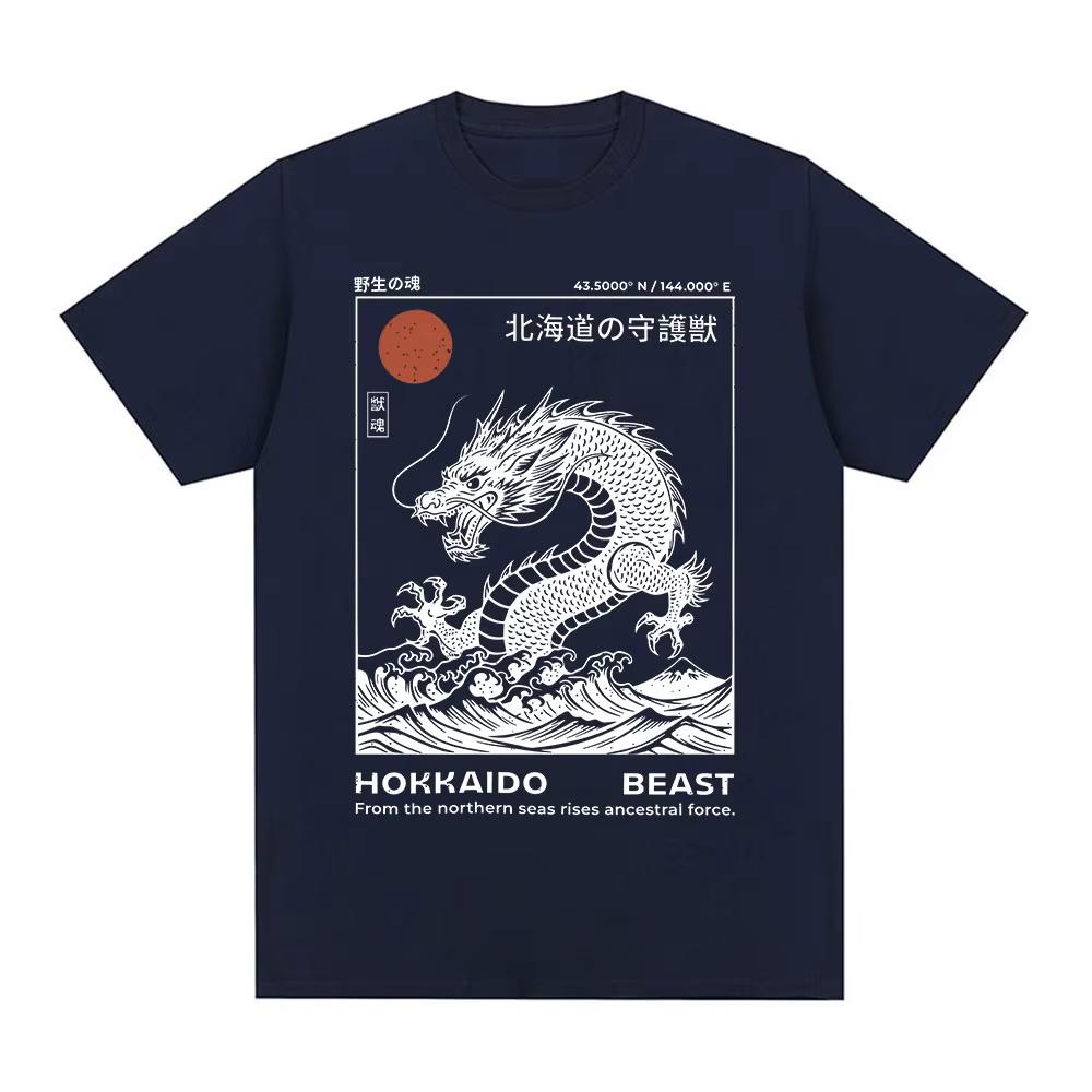 Hokkaido Beast Dragon Tshirts Retro Japanese Style Wave Illustration T Shirts Unisexs Clothing Short Sleeve Cotton Casual Tees