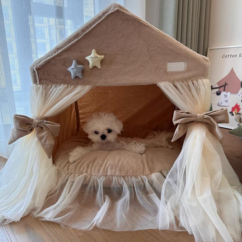 Paturi pentru animale de companie stil prințesă cu ornamente din dantelă Lavabile Casă pentru câini sau pisici pentru toate anotimpurile Cort pentru animale cu pernă detașabilă Cușcă pentru câini