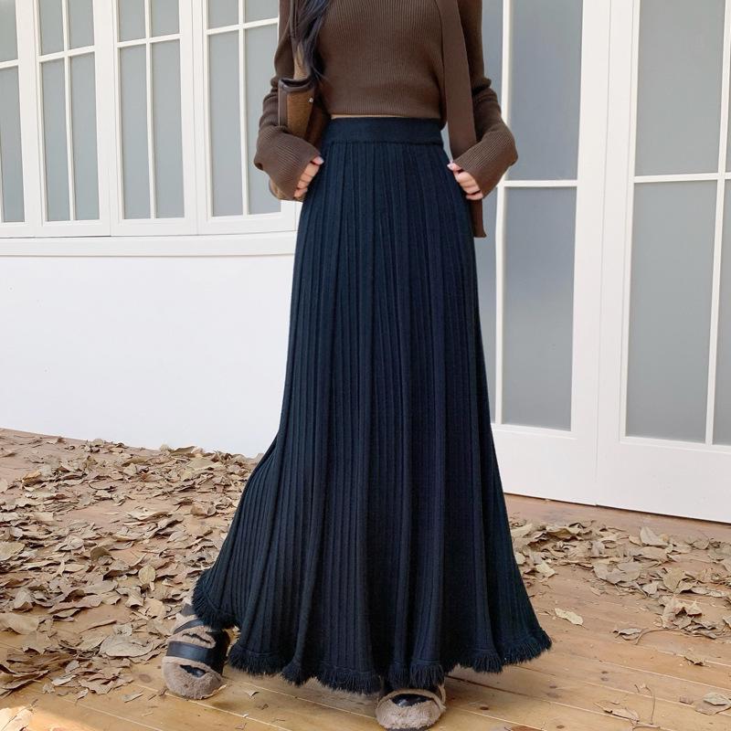 Autumn & Winter Women's Knit Pleated Midi Skirt: Slimming, A-Line, Tassel, Hip-Covering, Big Swing Design