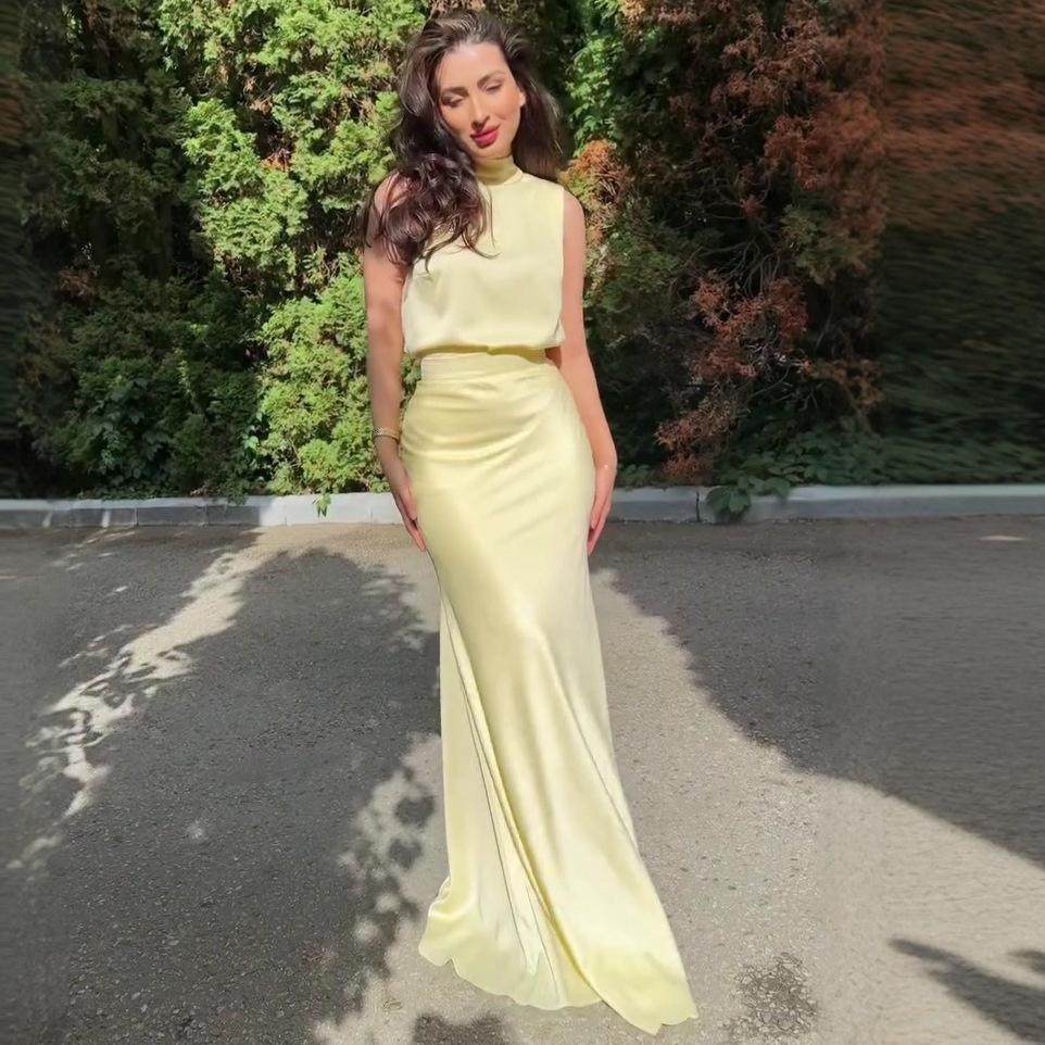 

Европейское и американское летнее атласное платье без рукавов: Приталенный, Французский стиль, Облегающий бедра, Длинный 3XL светло-желтого