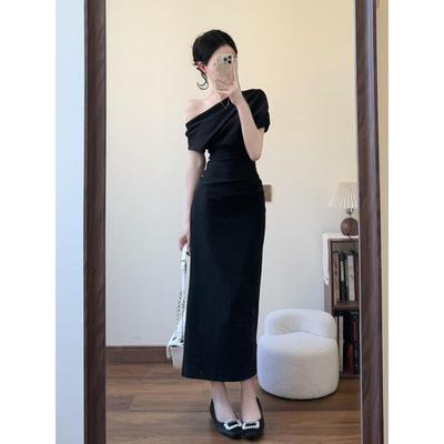 Royal Sister, Light and Familiar Style, Black Slanted Shoulder Dress, High-end Girly Temperament, Waist-closed Long Dress, Summer French Hepburn Style