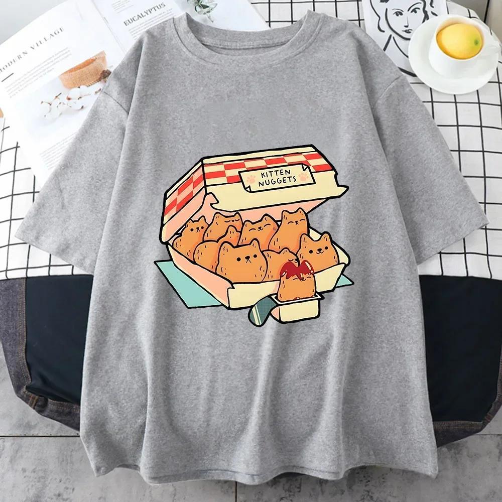 

ZX Tee Kitten Nuggets Happy T Shirts WOMEN Kawaii/cute High Street Tshirts T-shirts Cat Biscuits Dipping Sauce Short Sleeve Tops 4XL