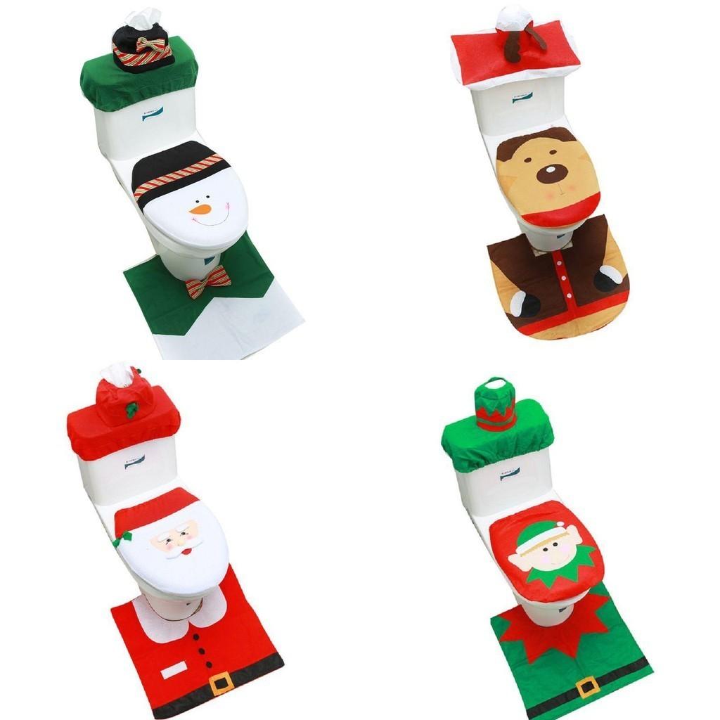 Festliches Weihnachts-WC-Sitzbezug-Set mit Weihnachtsmann-, Schneemann- und Rentiermotiven