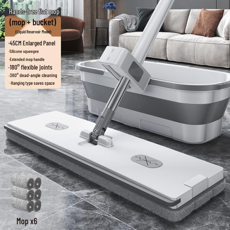 Hands-Free Flat Mop with Enlarged Head & Automatic Dehydration Bucket for Easy One-Wipe Cleaning