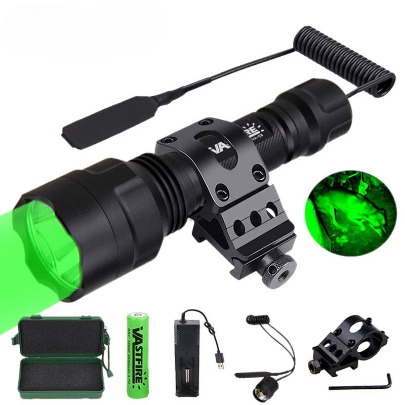 LED Flashlight Hunting Green/Red/White Light Torch Professional Tactical Night Scout Light Set Fish Light USB Rechargeable Torch