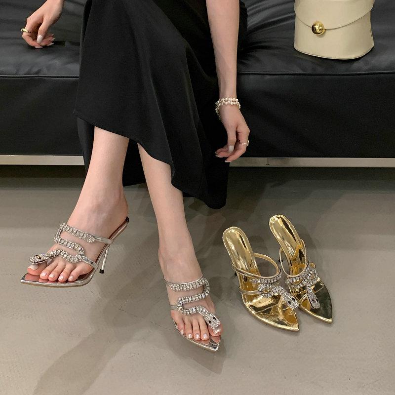 Fashion 2025 New Pointed-Toe High Heels, Women'S Sandals, Thin Heels, Summer Snake-Shaped Rhinestone Flip-Flops