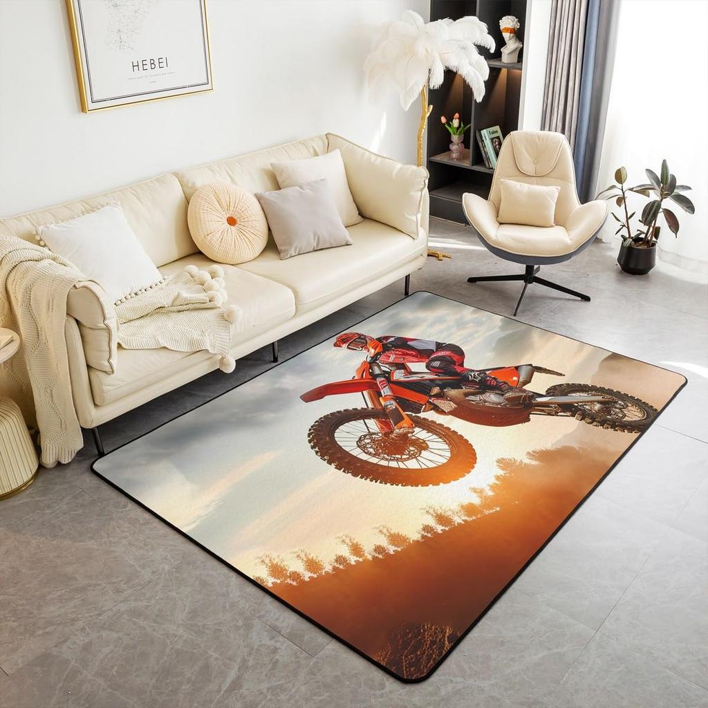 Teen Dirt Bike Area Rug for Living Room Motocross Rider Floor Mat Motorbike Extreme Sport Carpet Snow Mountain Landscape Doormat