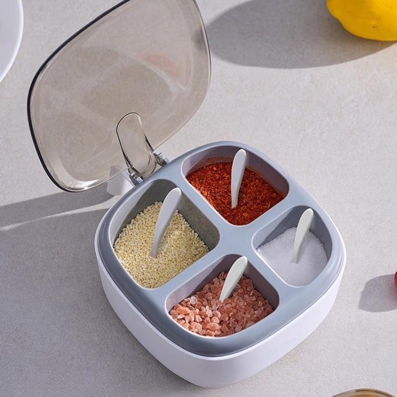 1pc Seasoning Box Spice Jar with Spoon Four-Compartment Transparent Flip-top for Storing Seasonings and Spices