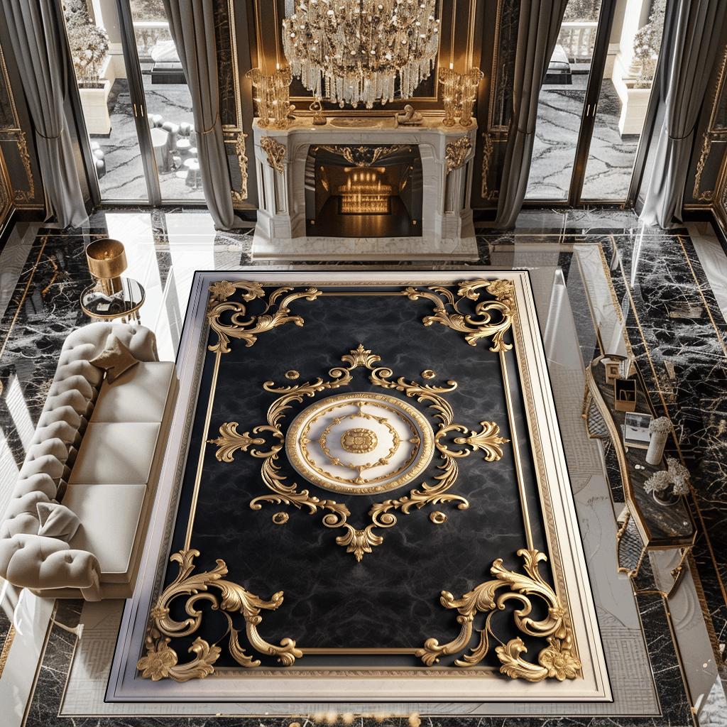 Covor European de Lux Negru și Auriu pentru Decorarea Sufrageriei Zonă Mare Hol Vilă Covor Antiderapant pentru Podea Dormitor Acasă Zona Canapelei