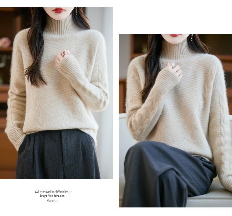 Women's 100% Pure Wool High Neck Cable Knit Sweater, Thickened Loose Fit, Autumn/Winter 2026 Style.