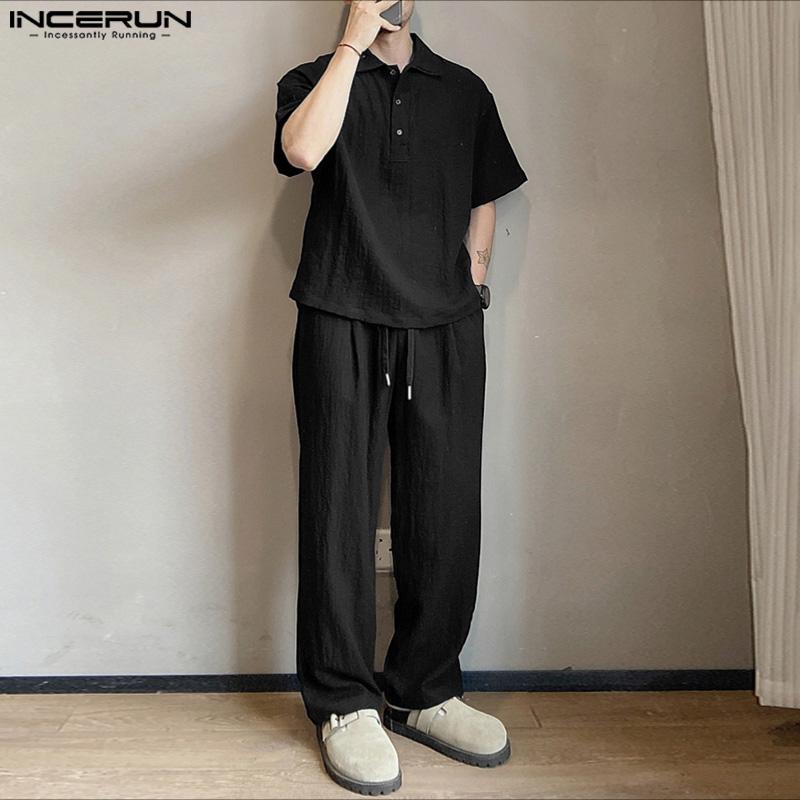INCERUN Vintage Two Pieces Men Lapel Neck Short Sleeve T-Shirt Long Straight Pants Outfits