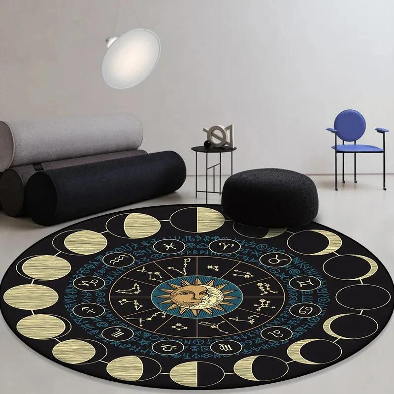 Sun Moon Constellation Round Rug Occult Astrology Carpet for Living Room Soft Kids  Bedroom Fashion Chair Rug Non-slip Floor Mat