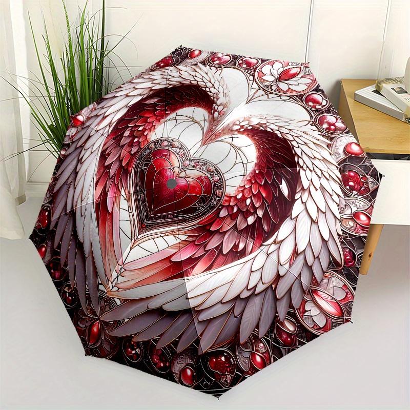 

Stained Glass Heart with Wings Wall Art Decor Umbrella, Cute Umbrella with Cute Design, Portable 3-Fold Compact Umbrella for Men & Women, Valentine s