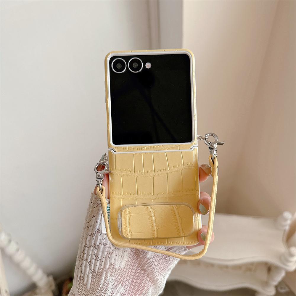 Pastel Crocodile Embossed PU Leather Mirror Bracket Phone Case for SamSung Galaxy Z Flip 8 7 6 5 Hand Wrist Strap Protect Cover