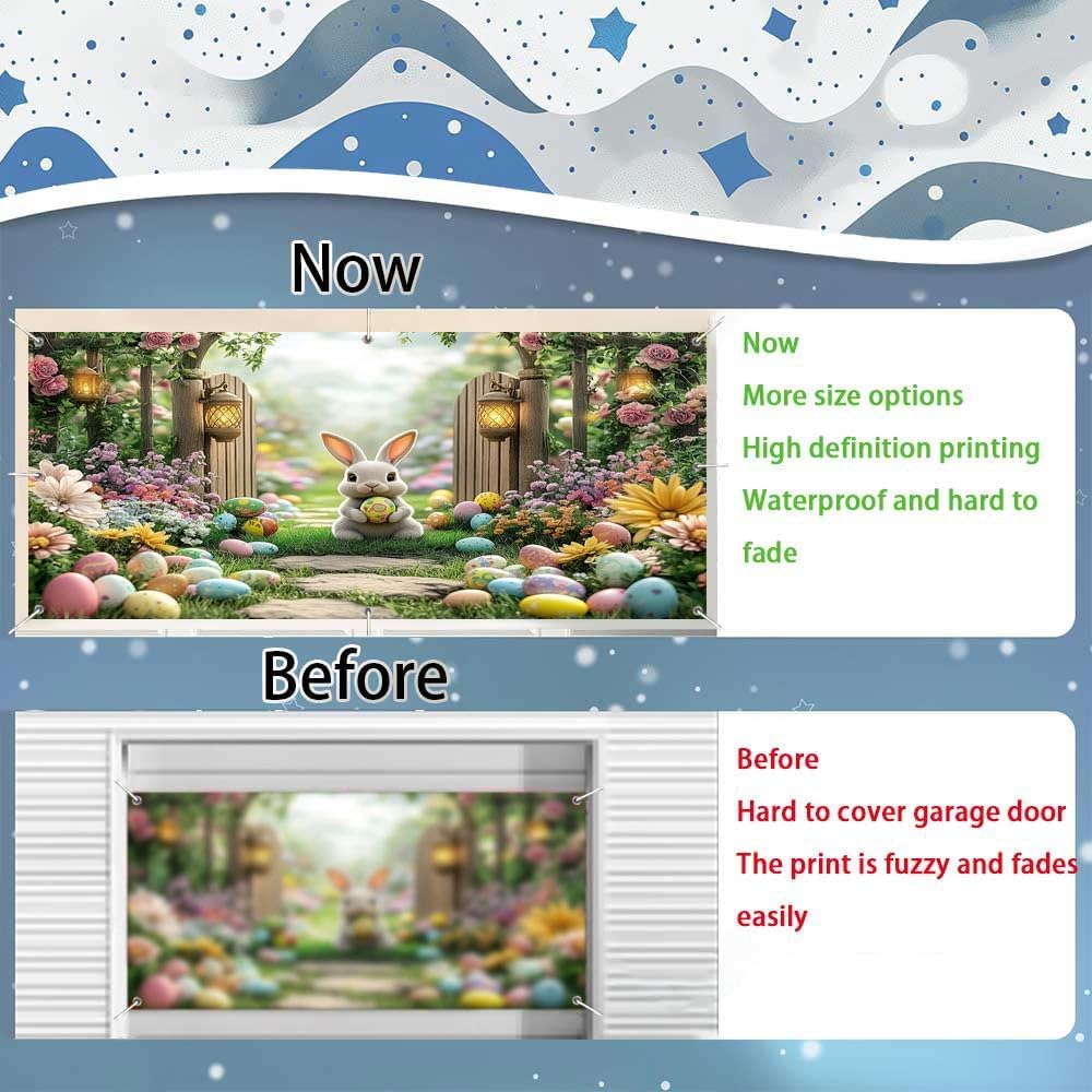 MERCHR Easter Garden Garage Door Backdrop 8 X 7 Ft, Spring Happy Easter Rabbit Colorful Eggs Bunny Garage Door Banner, Polyester, White