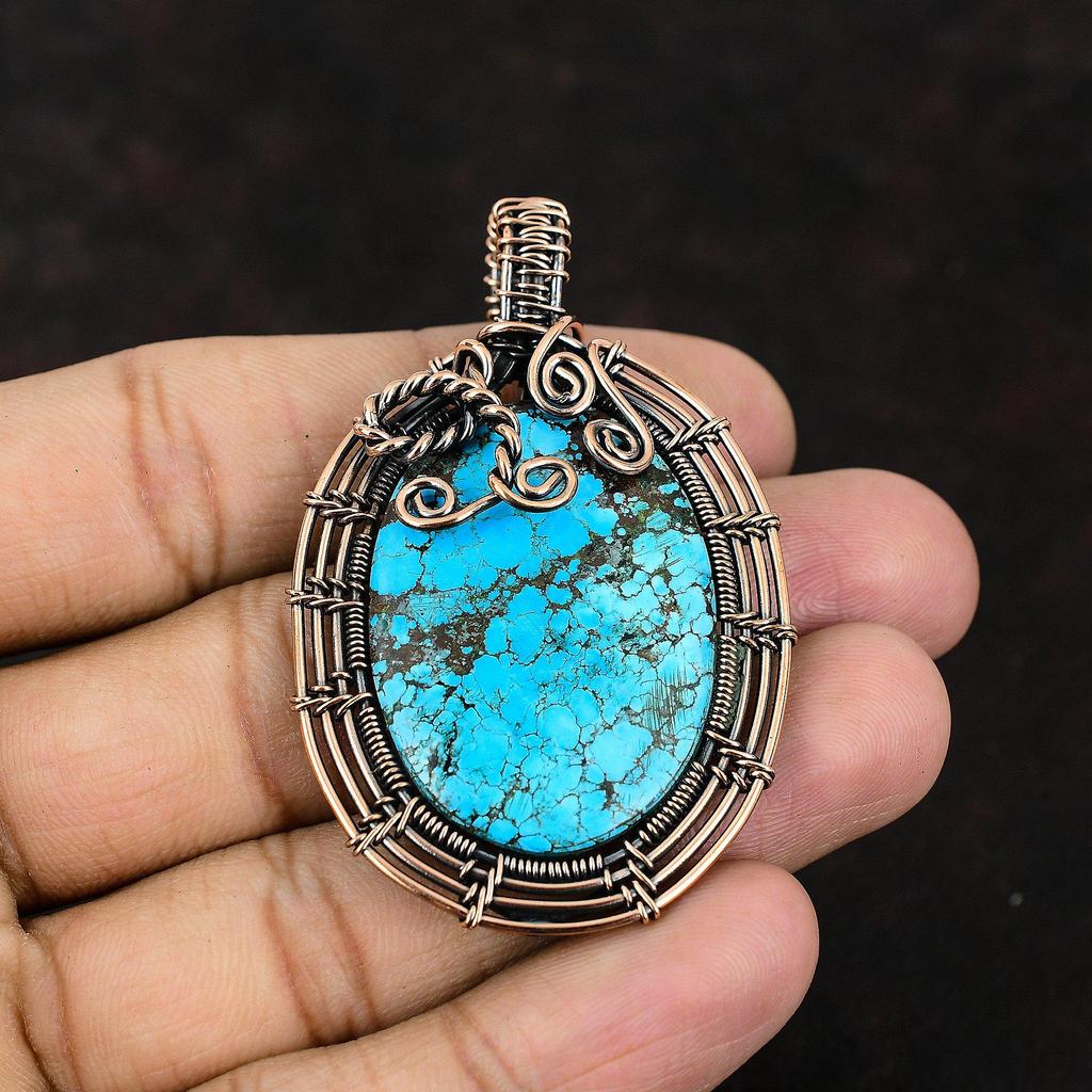 Pandantiv din Cupru cu Turcoaz Tibetan Pandantiv Înfășurat în Sârmă de Cupru Pandantiv cu Piatră Prețioasă Bijuterii cu Turcoaz Cadou pentru Mamă Bijuterii Handmade Înfășurate în Sârmă