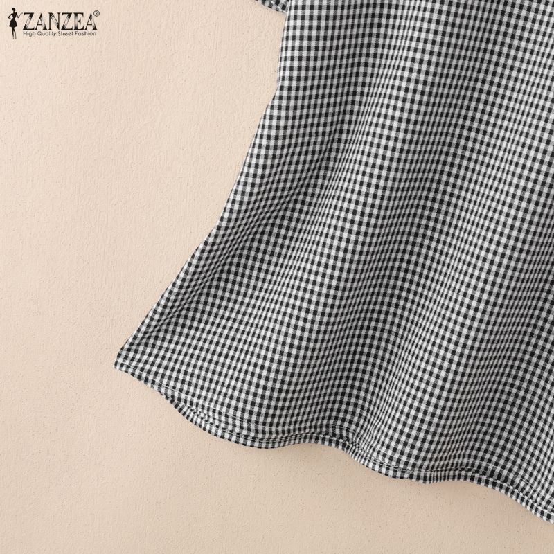 ZANZEA Blusa da Donna Casual Girocollo Stampa a Quadri Manica Corta Larga