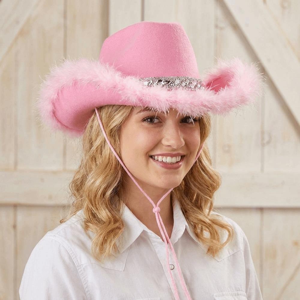 Furry Trim Jazz Hat Solid Color Sequin Cowgirl Hat Fashion Top Hat  Stage Performance