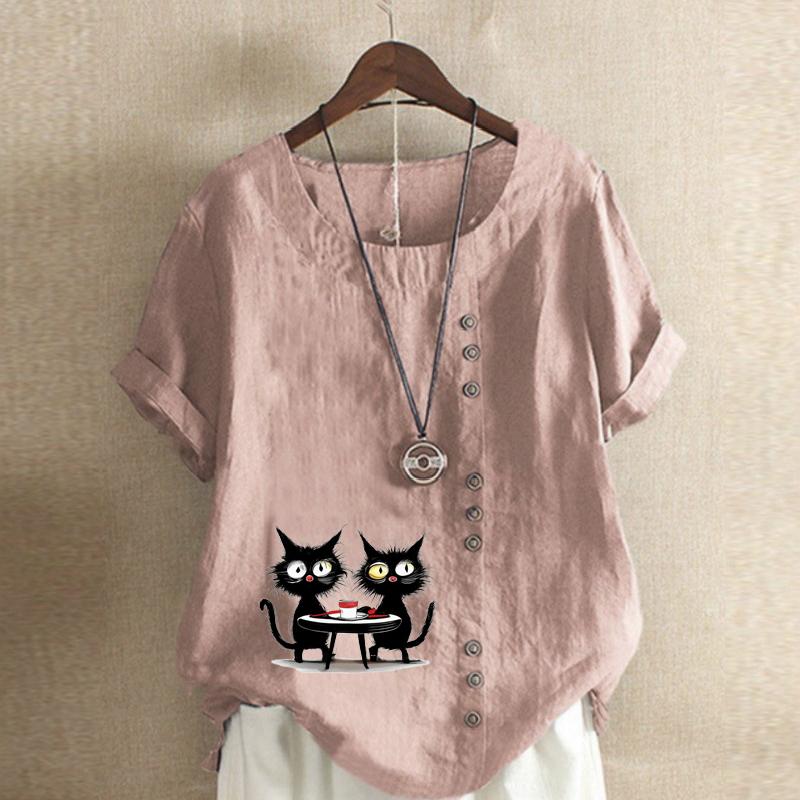 

Женская модная футболка с короткими рукавами и принтом черной кошки, свободная хлопковая рубашка, повседневная свободная летняя блузка, топы больших размеров S розовый