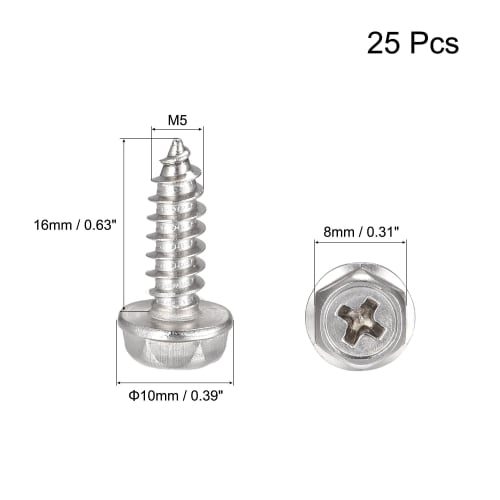 uxcell Hex Washer Self-Tapping Screws, 304 Stainless Steel Hex Flange Sheet Metal Screws, M5x16mm, 25 Pieces