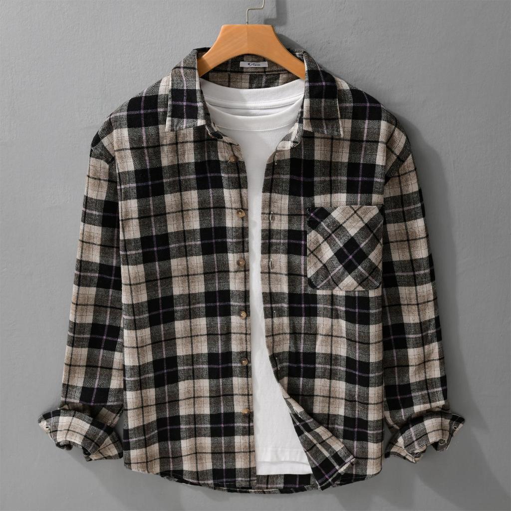 Autumn 2023 Men's Retro Plaid Long Sleeve Shirt - Loose and Comfortable