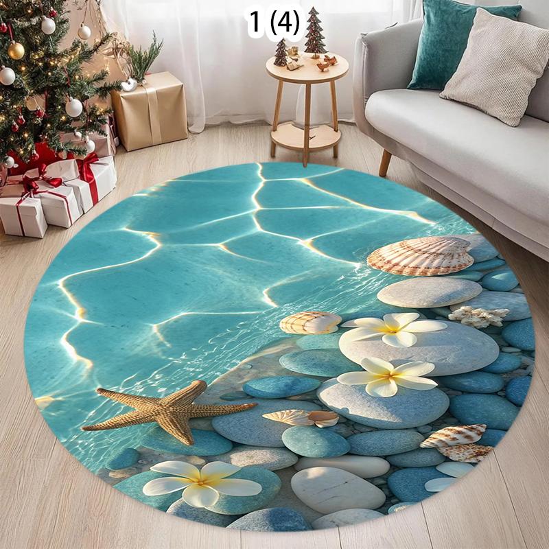Nordic Coastal Round Rug Soft Carpet Area Rug Bedroom Non-Slip Floor Mat Teal Ocean Wave Design for Living Room Kidsroom