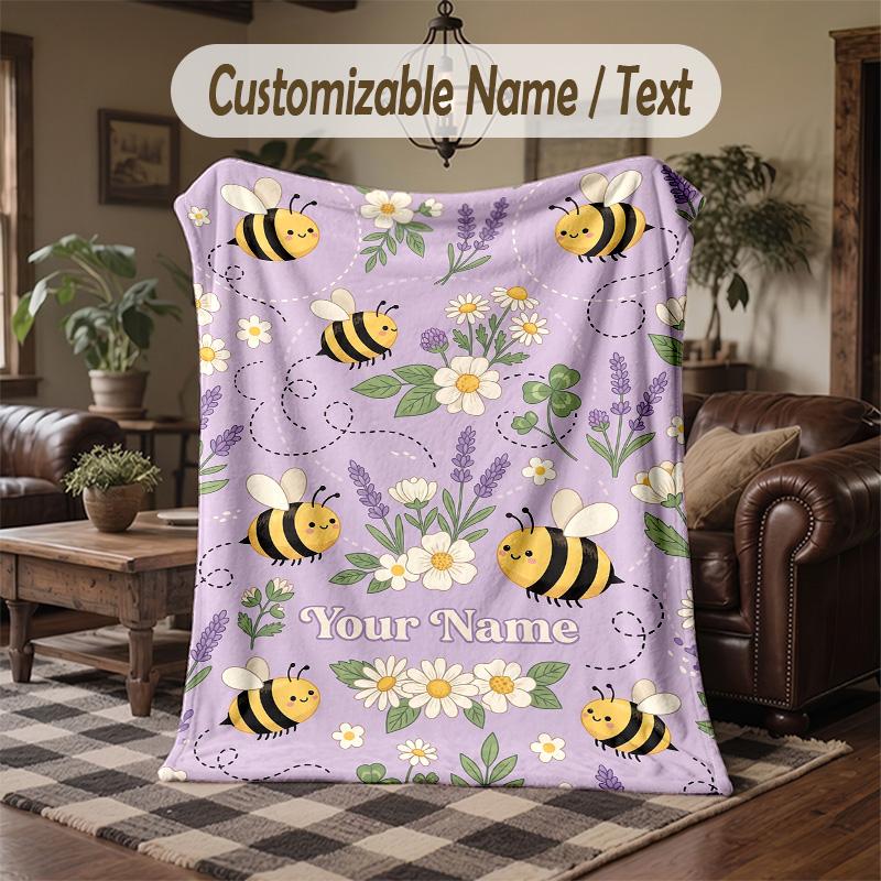 Bee Floral Garden Theme Throw Blanket Custom Name Text Personalized Blanket Soft Cozy Blanket for Home Sofa Bed