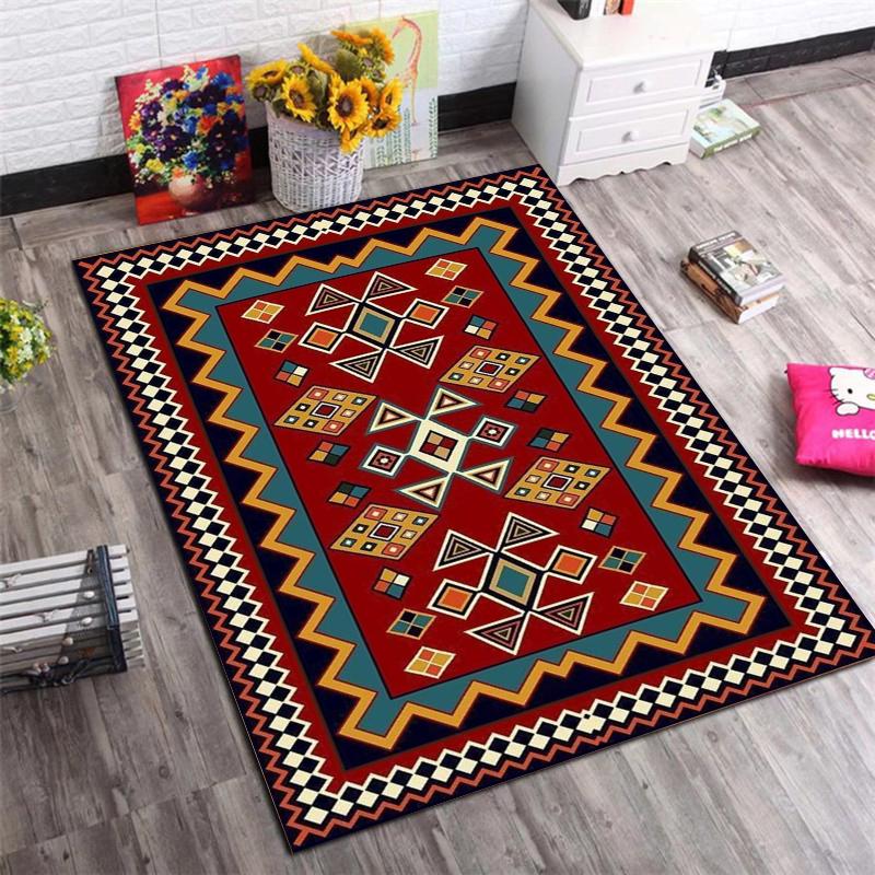 Bohemian Tribal Area Rug with Geometric Pattern, Vintage Red Large Carpet for Living Room Bedroom Home Decor, Non-Slip Soft Floor Mat