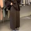 Women's Gray Retro Striped Knit Midi Skirt - Winter Korean Style Slimming Bodycon Casual Skirt