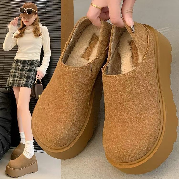 British retro muffin loafers 2024 autumn and winter new fashion lazy one-pedal thick-soled heightening cotton shoes women