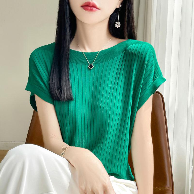 Fashion Slash Neck Women Sweater Ice Silk Spring Summer Knitted Sweater Loose Casual Korean Shirts Short Sleeve Knitwears