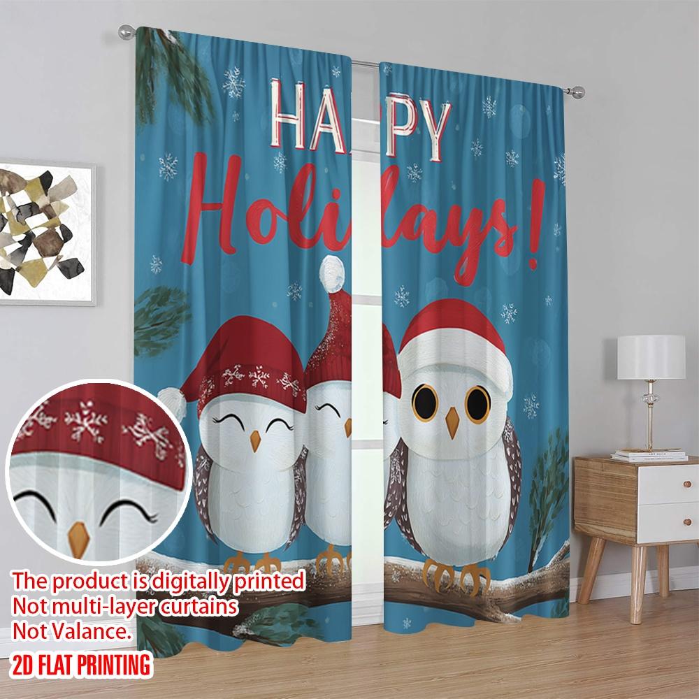 2pcs,2D plane printing Contemporary Curtains Santa Hat Owls_ Snowflakes Durable 100% Polyester Fabric (without rod) All Seasons