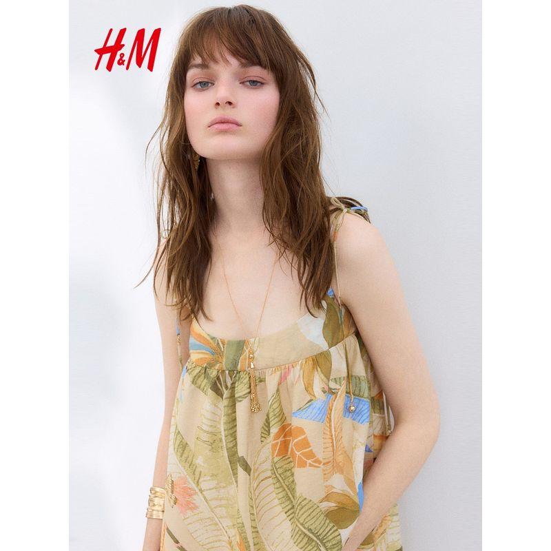 

HM Women s Clothing Dress 2025 Summer New Suspender Shoelace Loose Vacation Style Plant Print Dress 1290424