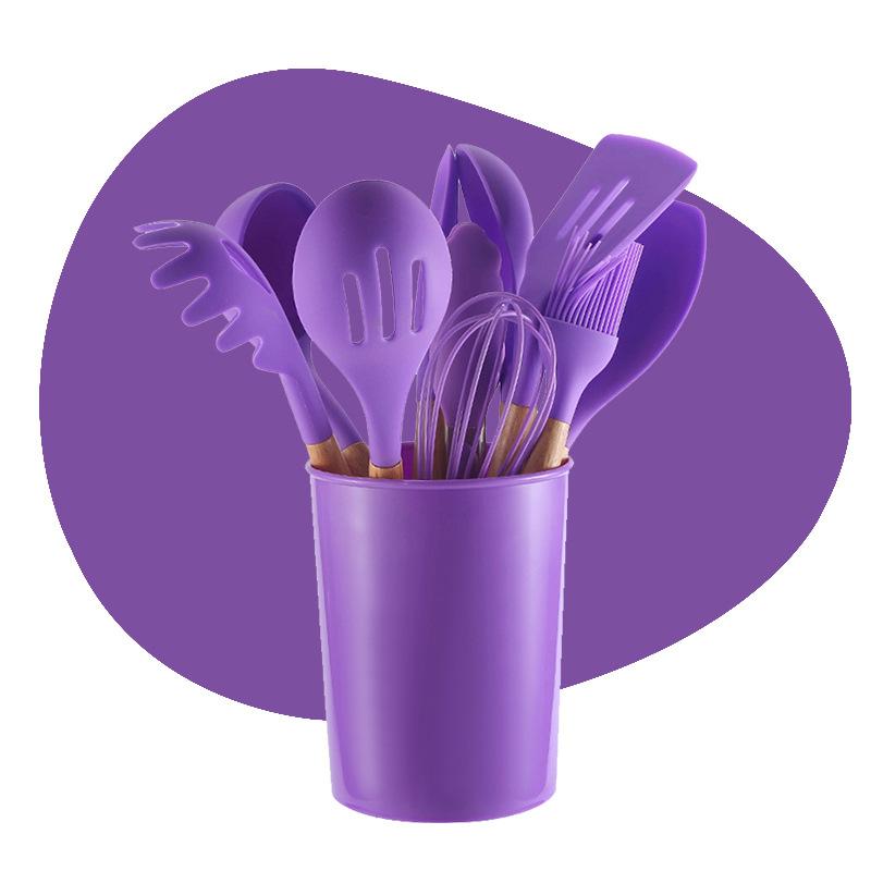 Cooking non-stick pan with storage bucket Silicone kitchen utensils set Silicone spatula spoon 12-piece set Wooden handle kitchen utensils set Cooking