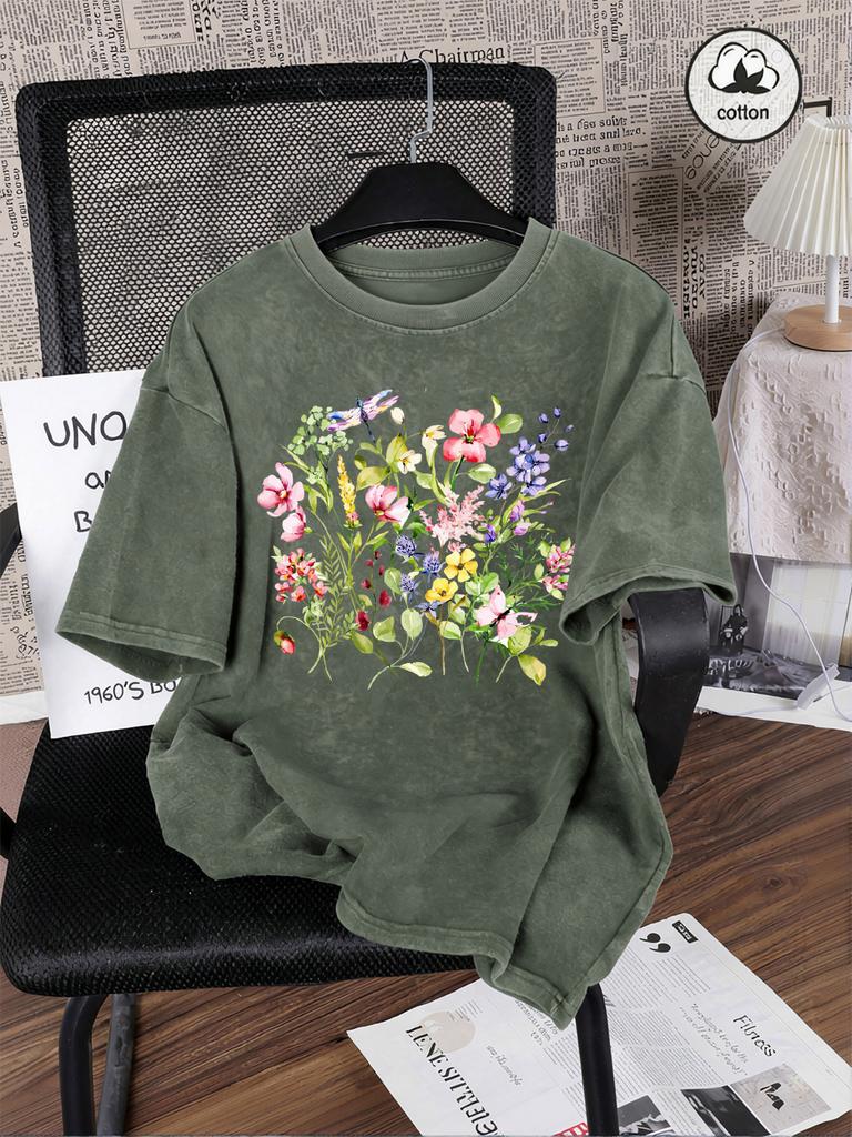 Beautiful Flowers Dragonflies Print Washed TShirts Womens Cotton Oversize T Shirt Summer Short Sleeve Tops Basic ONeck Clothes