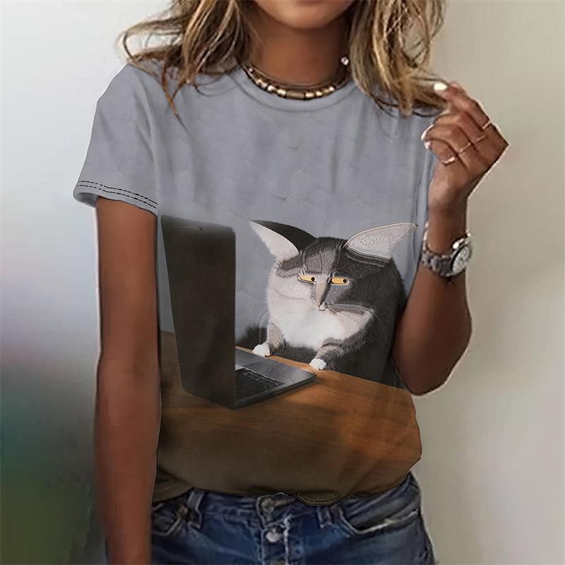 3D Printed Funny Animal T-Shirt For Women Cute Cat Pet Pattern Tees Summer Casual Short Sleeves Oversized T Shirts O-Neck Tops