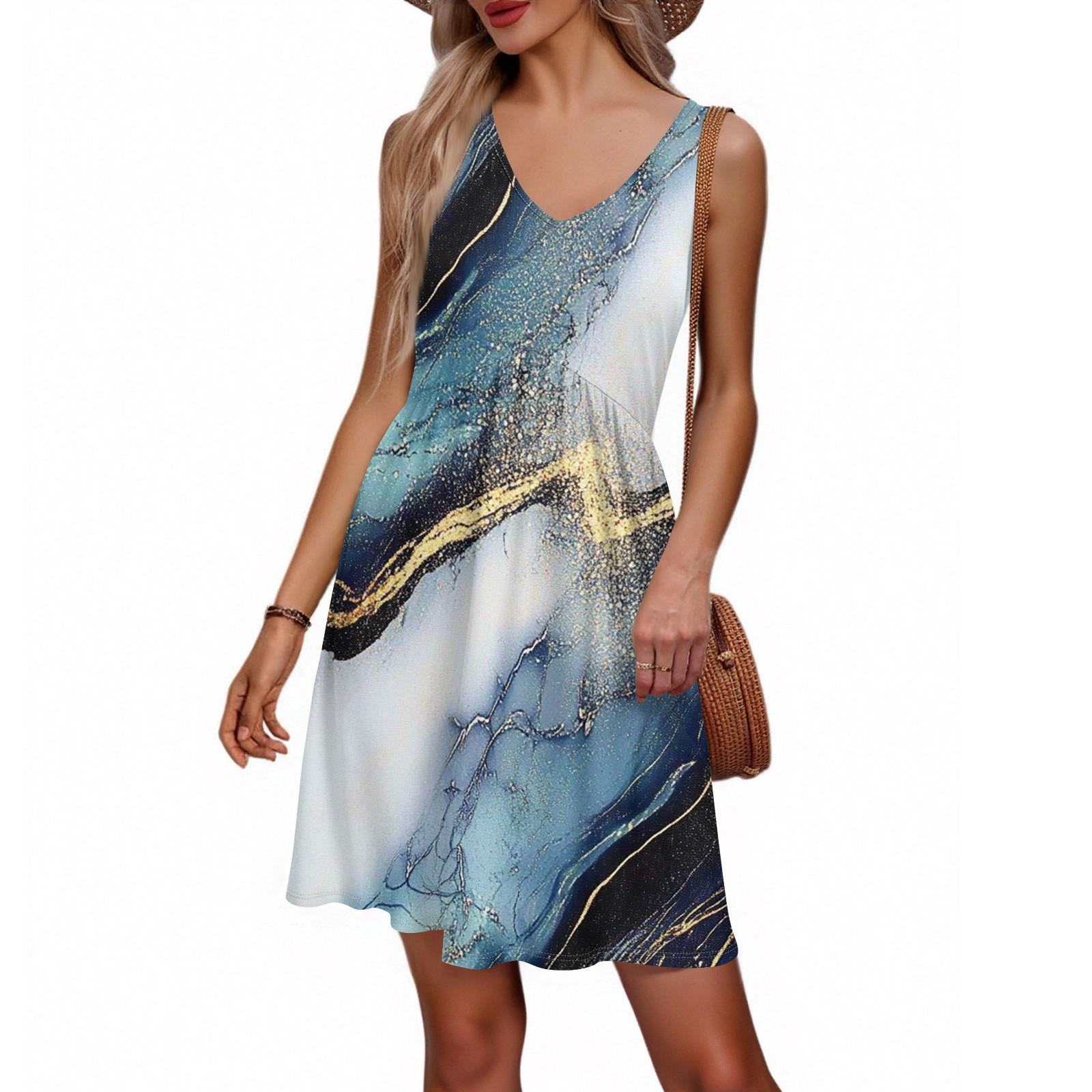 

Women s Summer V-neck Casual Beach Vacation Retro Floral Print Sleeveless Patchwork Dress M синий