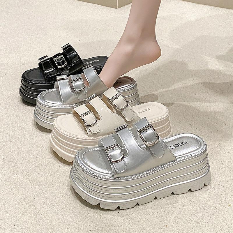 Internet Celebrity Thick-bottomed Toe Slippers Women 2025 New Fashion Retro One-word Belt Buckle Casual Beach Slippers Women