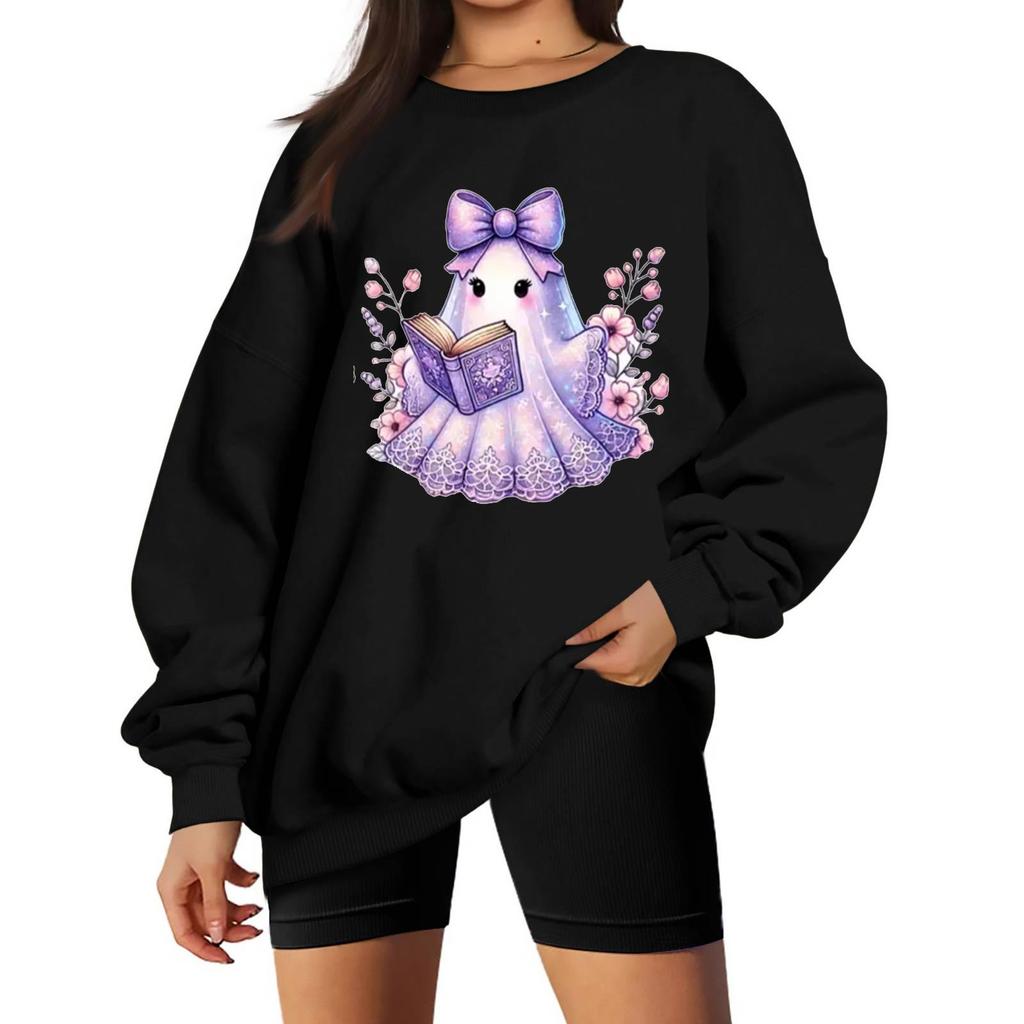 Women's Comfortable Sweatshirt Casual Loose Fit Round Neck Long Sleeve Pullover, Color with Halloween Small Print
