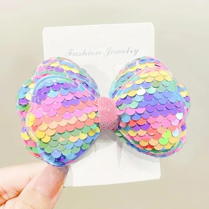 1pc Laser Sequins Bow Hair Clips Girls Children Headdress Bangs Side Duckbill Clip Sweet Cute Hair Styling Accessories Hairbands
