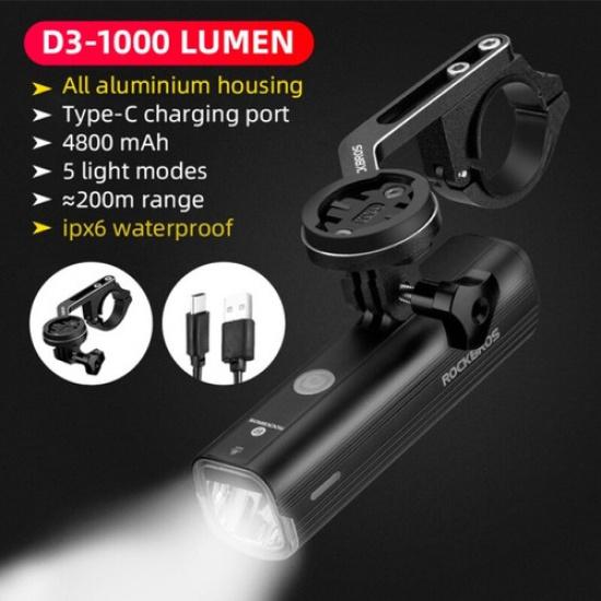 ROCKBROS 1000LM Bike Light with Out-Front Mount Rechargeable Bicycle Headlight