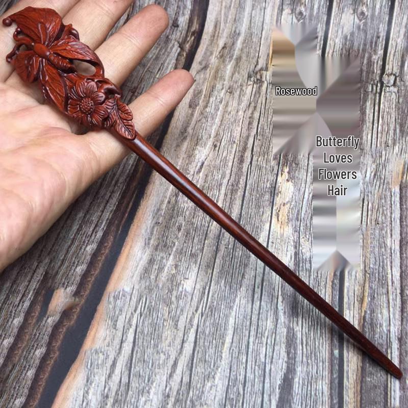 Red Sandalwood Women's Retro Hanfu Hairpins: Hollow Carved Moon Rabbit Wooden Ornaments