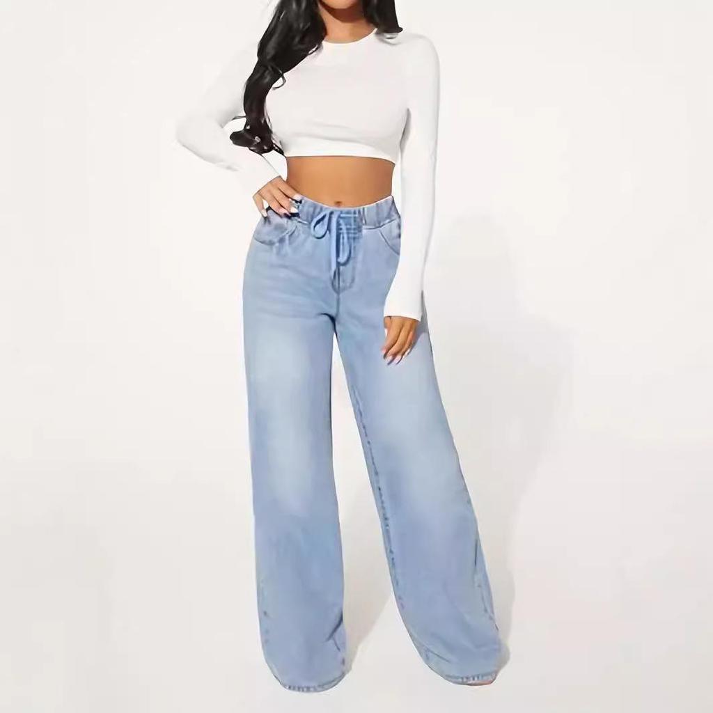 High Waist Light Blue Women's Wide Leg Drawstring Denim Jeans