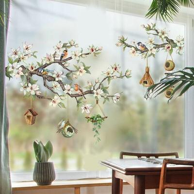 Pegatinas para ventana con forma de rama de flores, sin adhesivo, con pájaros, bonitas calcomanías para vidrio