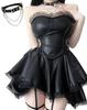 SUNNYSTEP Bondage Dress, Cosplay, Plus Sizes S-6L, Sexy One-Piece Dress, Flared, Lace-Up Costume, PU Leather Mini Dress with Lace, Black (BLACK, S)