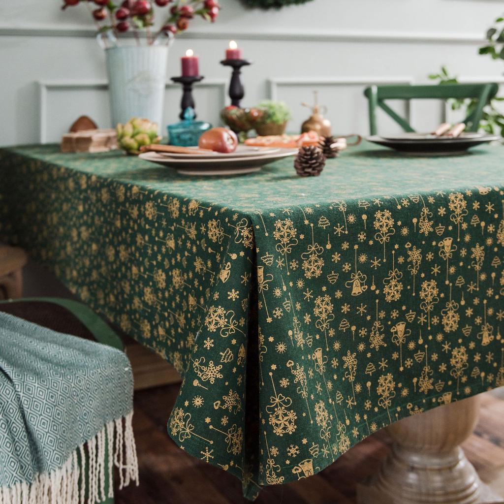 Christmas Green Bronzing Tablecloth Wind Chime Printed Cotton and Linen Festive Table Cloth Cover Rectangular