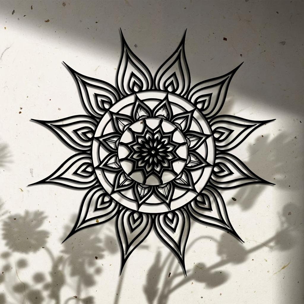 Sun Mandala Metal Wall Art Black Floral Geometric Design 15.74 Inch Outdoor Indoor Home Garden Gift