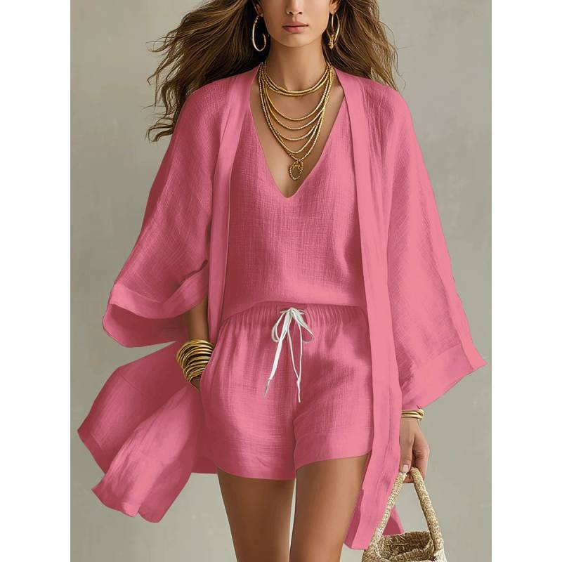 Summer Casual Set For Women With Sleeveless Cardigan And Shorts Made Of Cotton Linen For Relaxed Wear